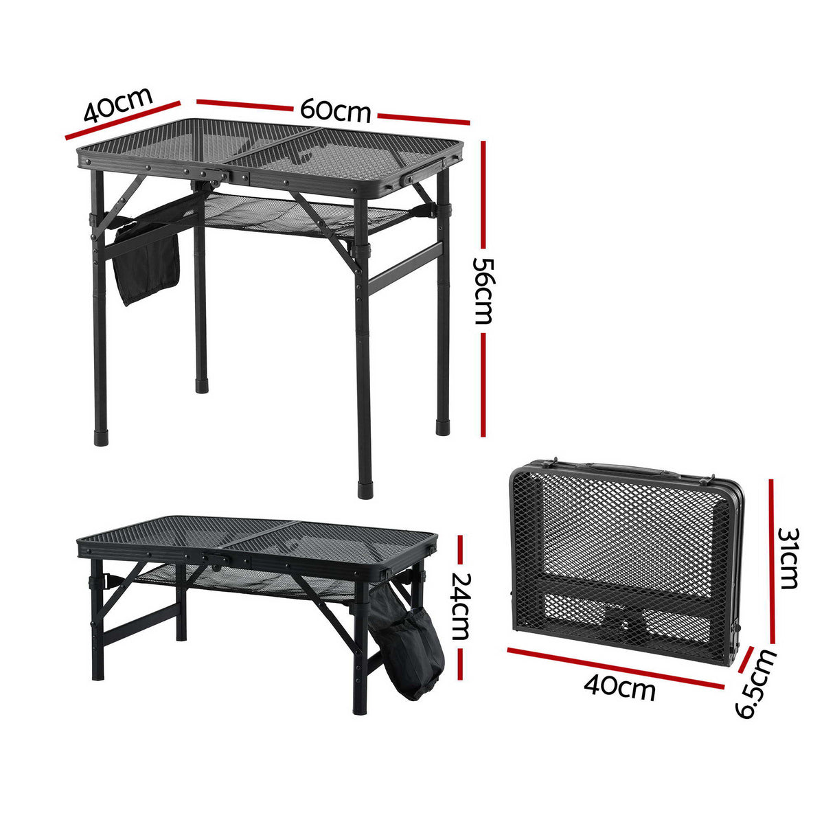 Gardeon BBQ Camp Table, Folding Mesh Top, 60 x 40 x 56cm