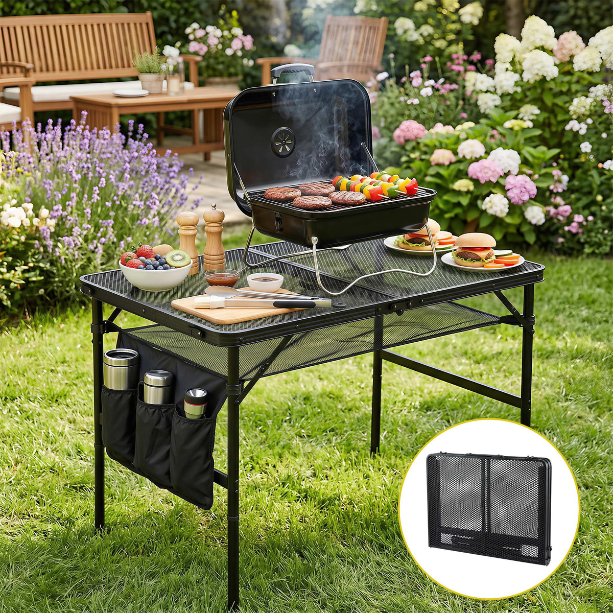Gardeon BBQ Camp Table, Folding Mesh Top, 90 x 60 x 66cm