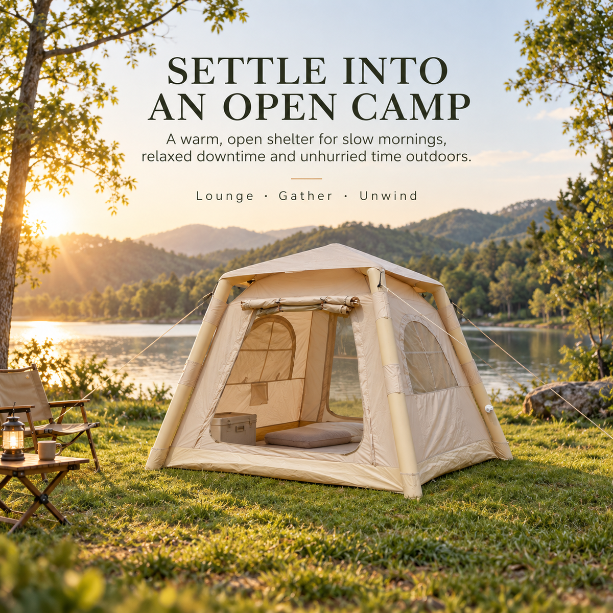 Weisshorn Inflatable Camping Tent with Dual End Doors and Arched Windows, 300 x 400 cm, Khaki