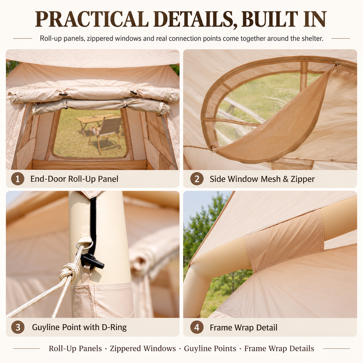 Weisshorn Inflatable Camping Tent with Dual End Doors and Arched Windows, 300 x 400 cm, Khaki