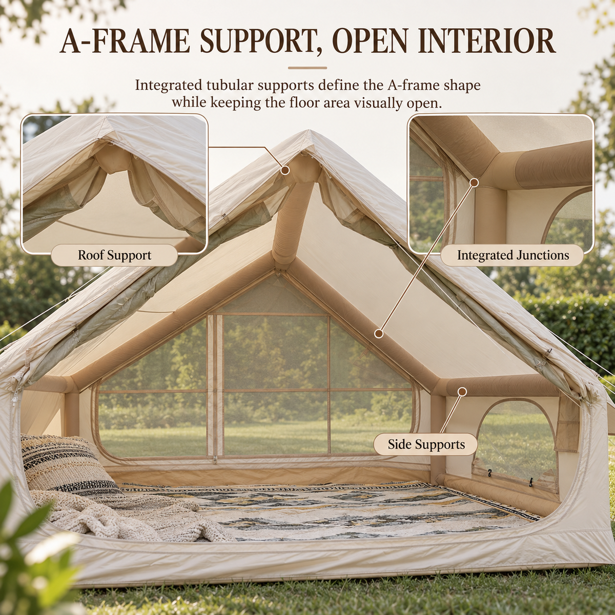 Weisshorn Inflatable A-Frame Glamping Tent with Wide Side Opening, 300 x 210 cm, Khaki