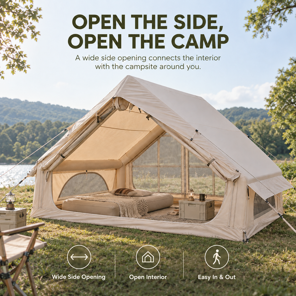 Weisshorn Inflatable A-Frame Glamping Tent with Wide Side Opening, 300 x 210 cm, Khaki