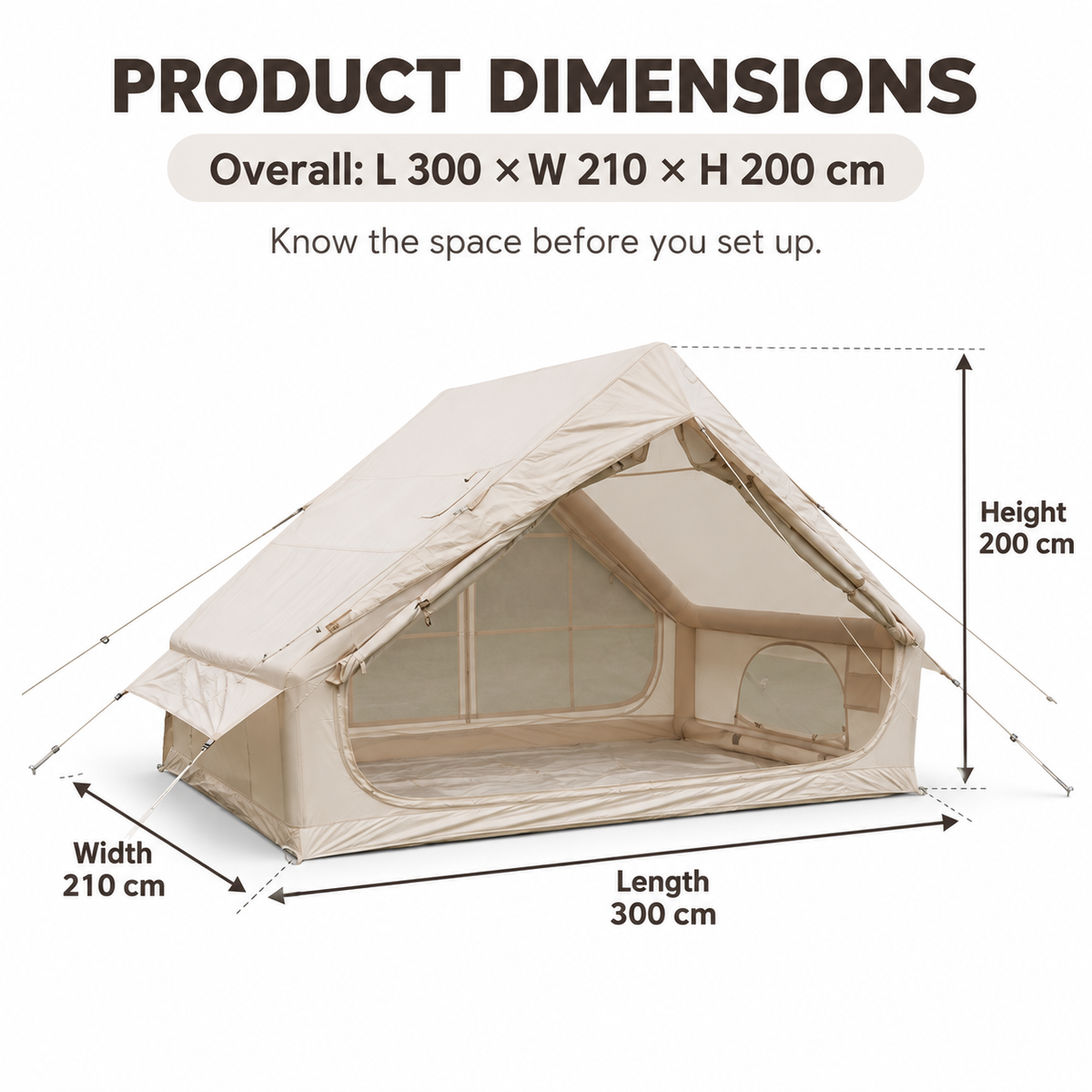 Weisshorn Inflatable A-Frame Glamping Tent with Wide Side Opening, 300 x 210 cm, Khaki