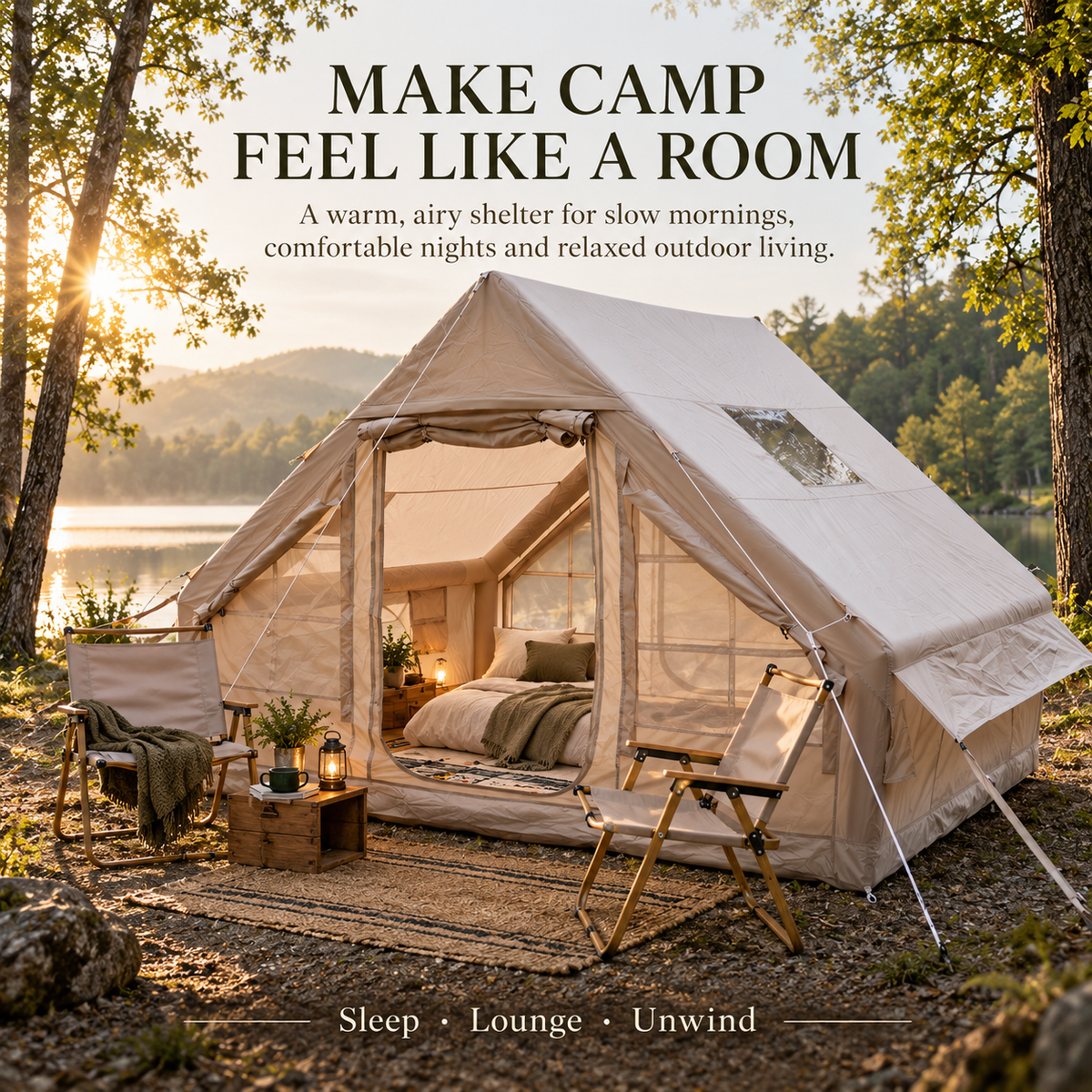 Weisshorn Inflatable A-Frame Air Tent with Mesh Windows, 300 x 210 cm, Khaki