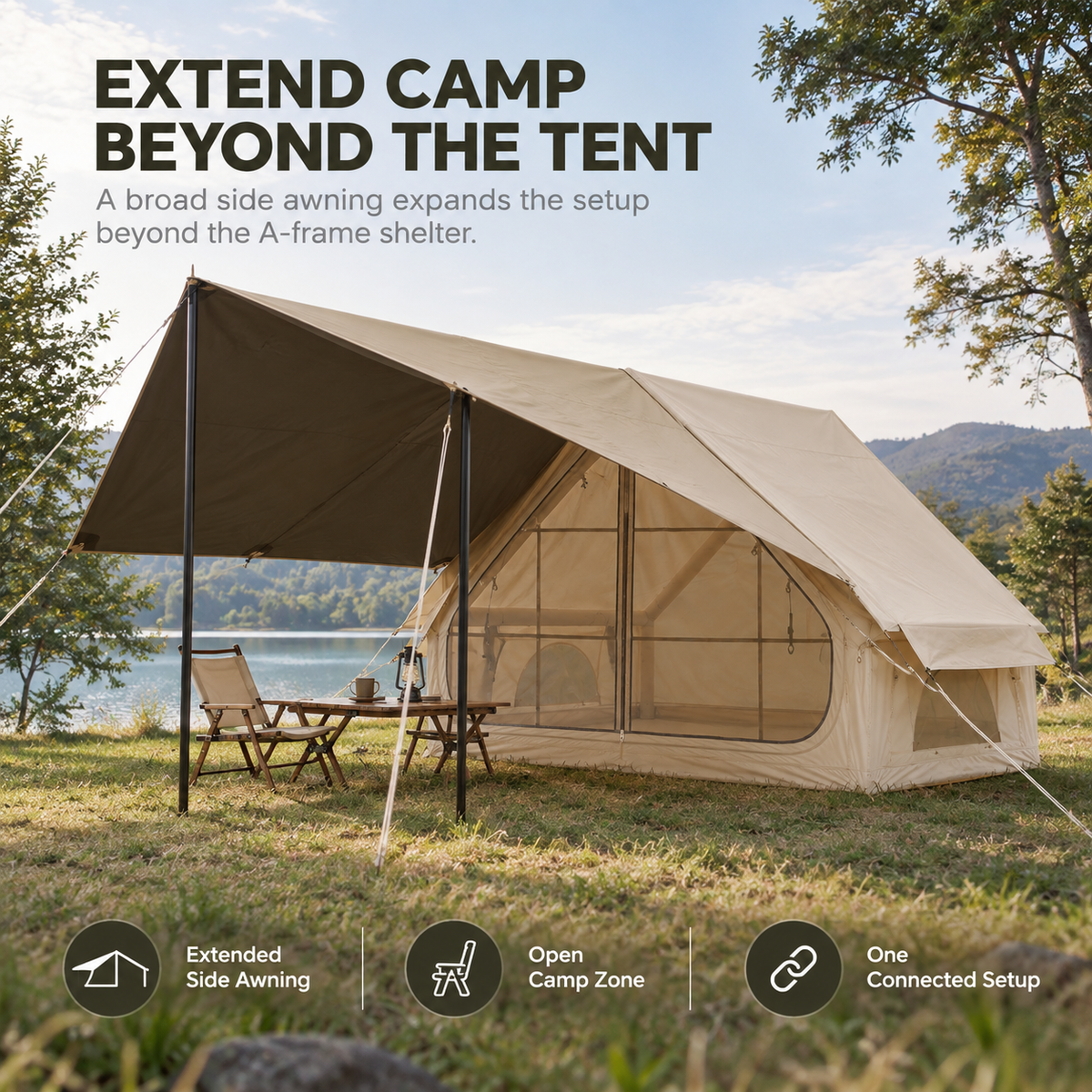 Weisshorn Inflatable A-Frame Basecamp Tent with Extended Side Awning, Khaki