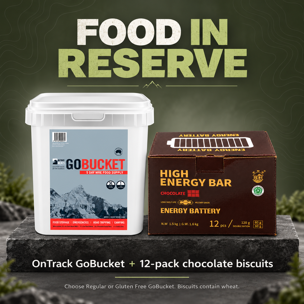 PrepPro Family 3-Day Essentials Set — GoBucket and chocolate biscuit food supplies