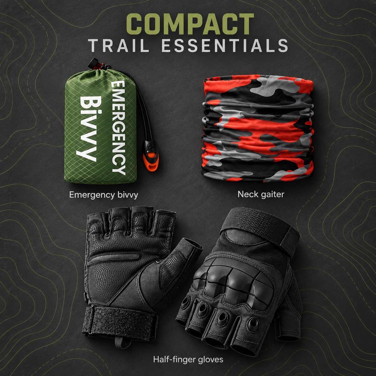 Operator Survival Vest Kit — green bivvy, neck gaiter and black half-finger gloves
