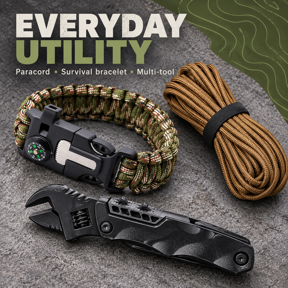 Operator Survival Vest Kit — paracord, bracelet and black multi-tool