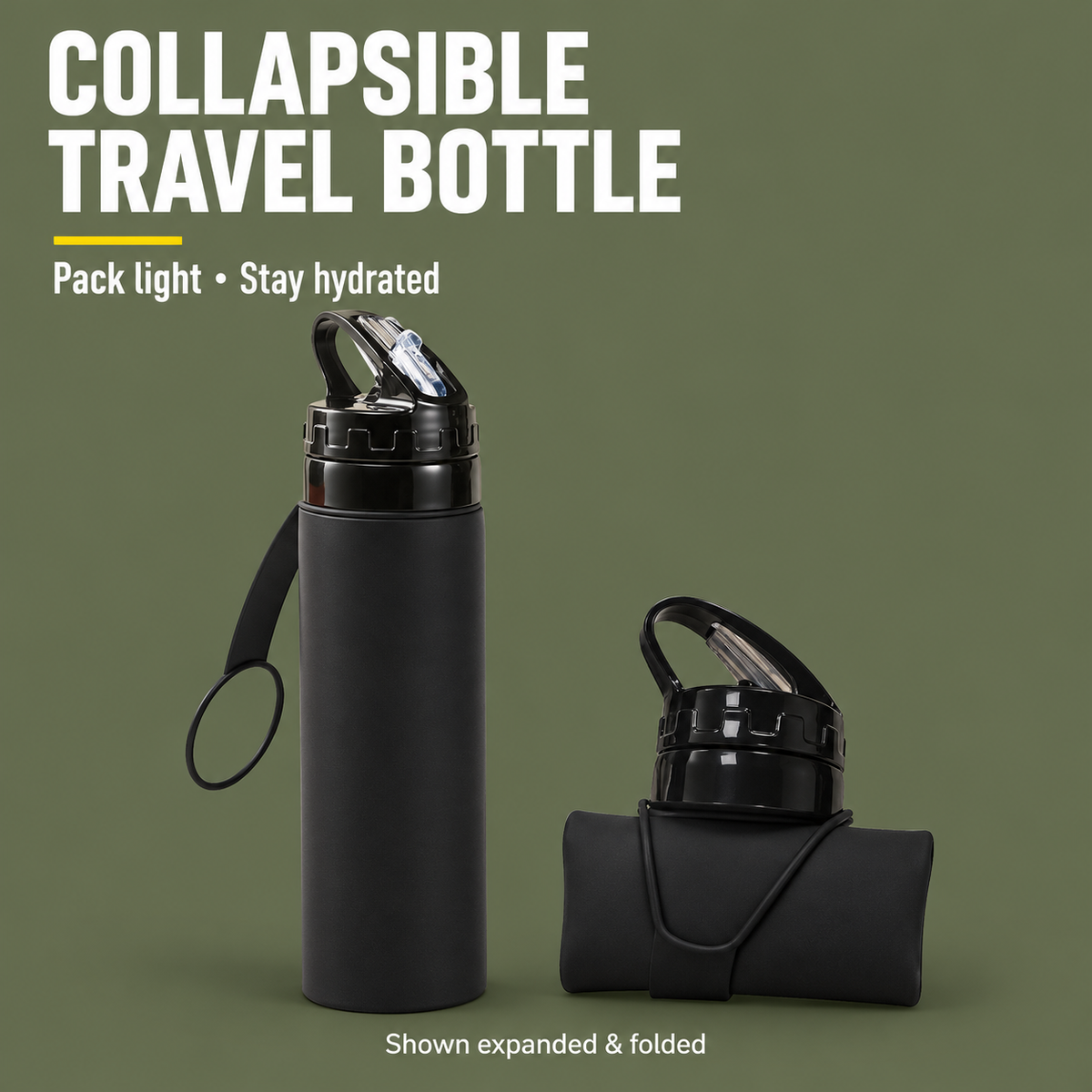 Collapsible Travel Water Bottle, BPA-Free, Black