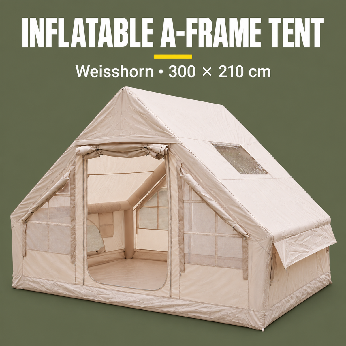 Weisshorn Inflatable A-Frame Air Tent with Mesh Windows, 300 x 210 cm, Khaki