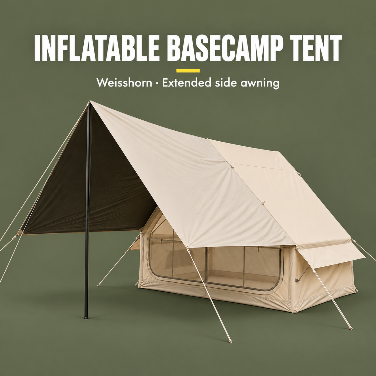 Weisshorn Inflatable A-Frame Basecamp Tent with Extended Side Awning, Khaki