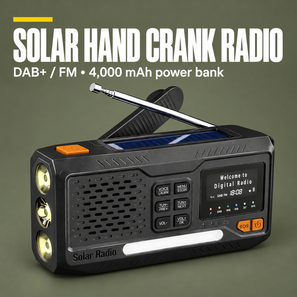 Solar Hand Crank Emergency Radio – Bluetooth, DAB+/FM, 4000mAh Power Bank, LED Torch & SOS Alarm