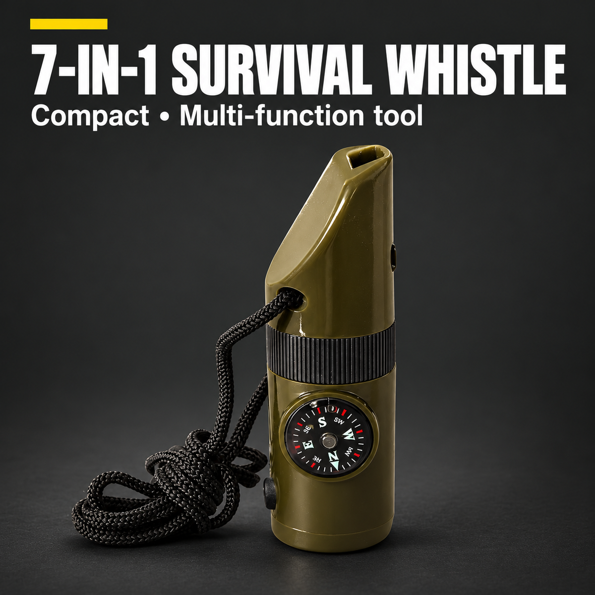 7-IN-1 SURVIVAL WHISTLE — Compact • Multi-function tool
