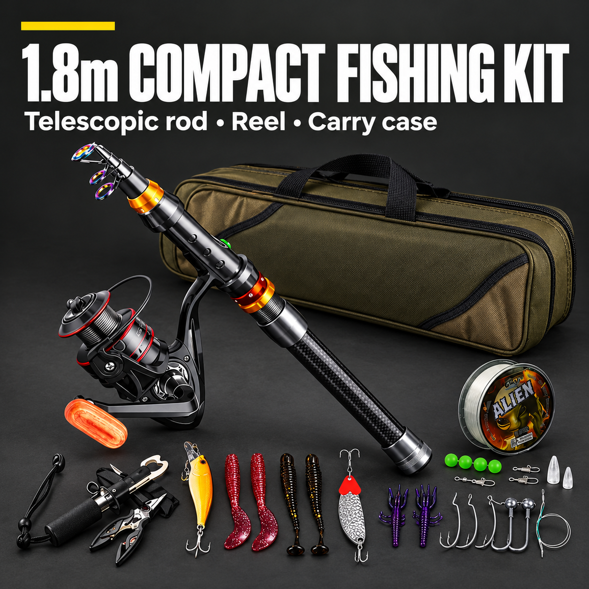 1.8m COMPACT FISHING KIT — Telescopic rod • Reel • Carry case
