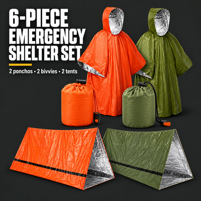 6-Piece Emergency Shelter Survival Set – Ponchos, Bivvies & Tent Kit