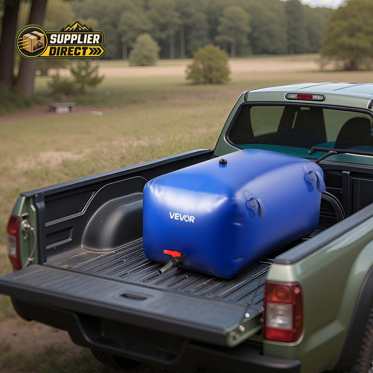 PrepPro Australia 240L blue PVC water storage bladder secured in a pickup truck bed for outdoor use.