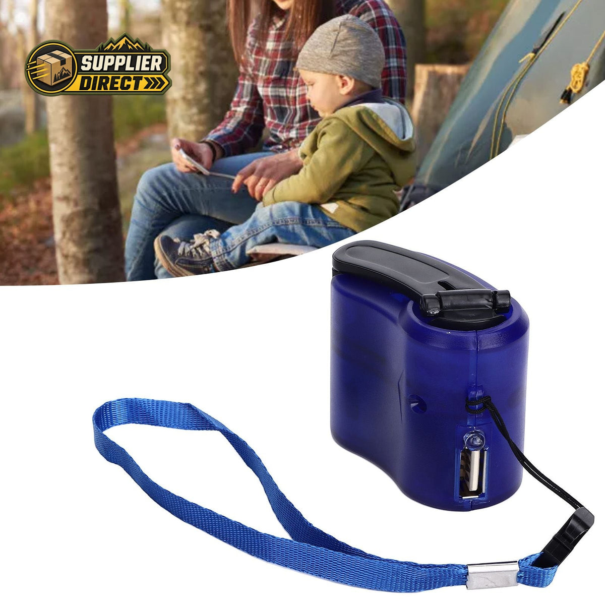 PrepPro Australia blue portable hand crank USB phone charger with a lanyard, ideal for outdoor emergency power.