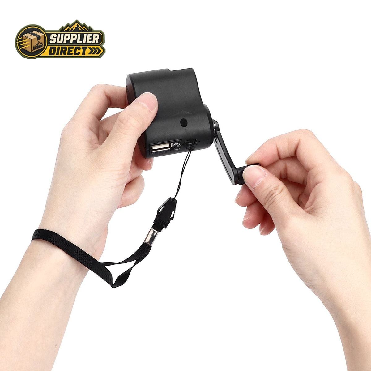 PrepPro Australia black portable hand crank USB phone charger being operated by hand for emergency power
