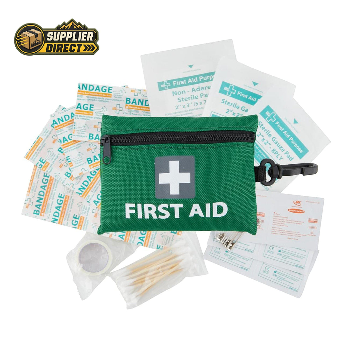 PrepPro Australia 43-piece mini first aid kit in a green zippered pouch with medical supplies spread out.
