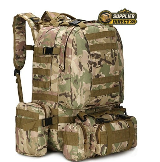 PrepPro Australia 4-in-1 modular adventure backpack in camouflage 600D Oxford cloth with detachable utility pouches.