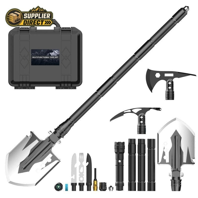 PrepPro Australia 14-in-1 matte black modular survival shovel kit with axe, pickaxe, and carry case.