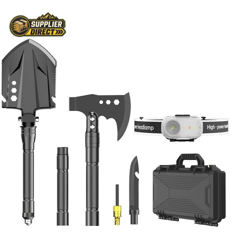 PrepPro Australia black steel entrenching shovel, axe, headlamp, and accessories in a hard-shell carry case.