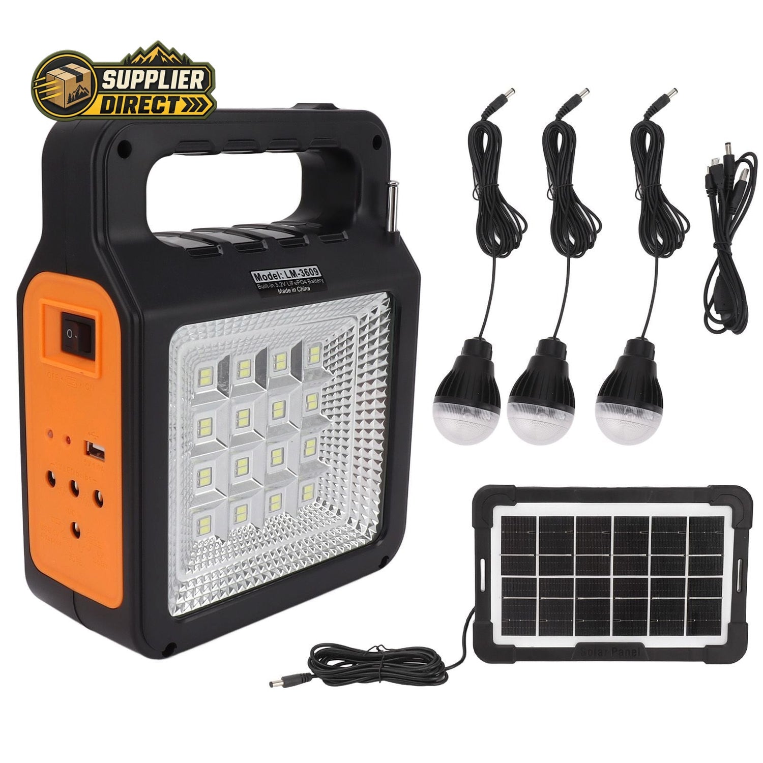 PrepPro Australia solar emergency lighting kit with 6000mAh power bank, LED panel, three hanging bulbs, and solar panel