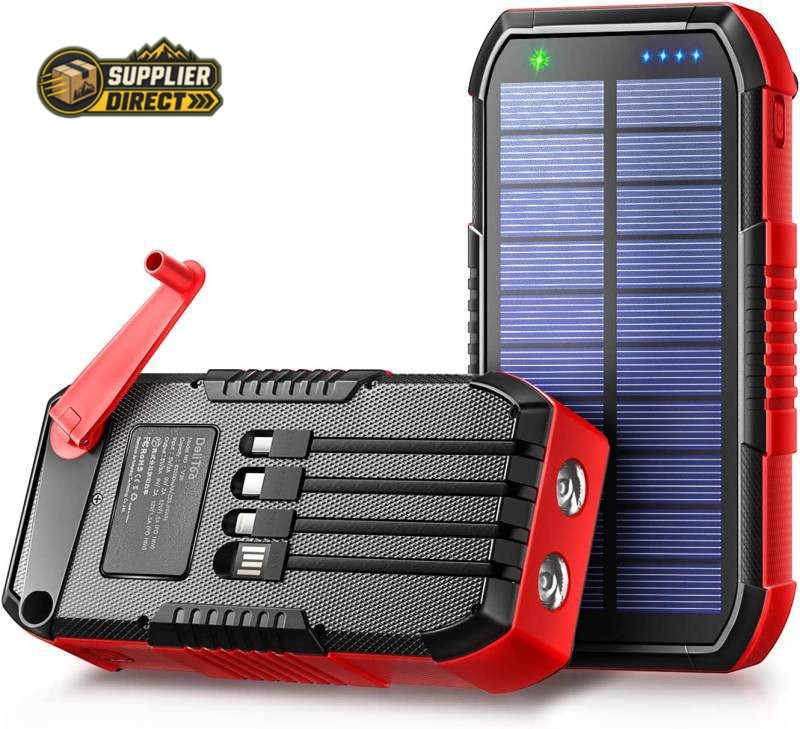PrepPro Australia solar emergency power bank with hand crank, integrated cables, and dual LED lights in red and black.