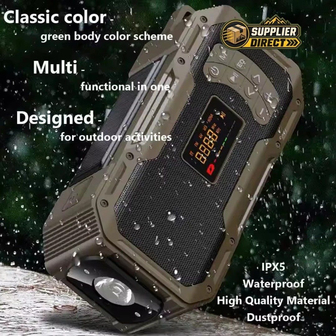 PrepPro Australia solar hand crank emergency radio in olive green with LED flashlight, digital display, and IPX5 rating