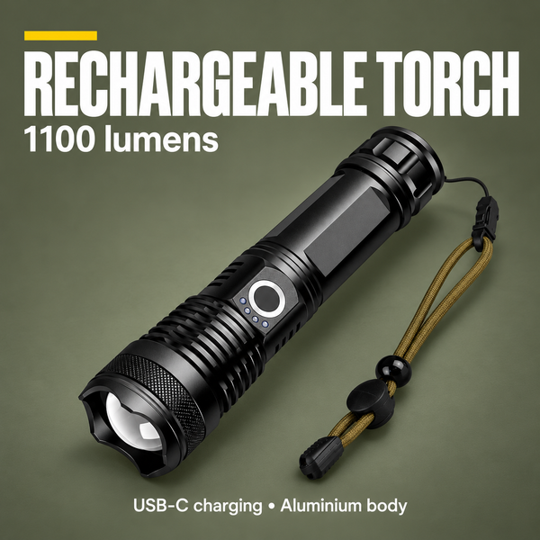 1100‑Lumen Rechargeable Torch – Rugged Build | PrepPro