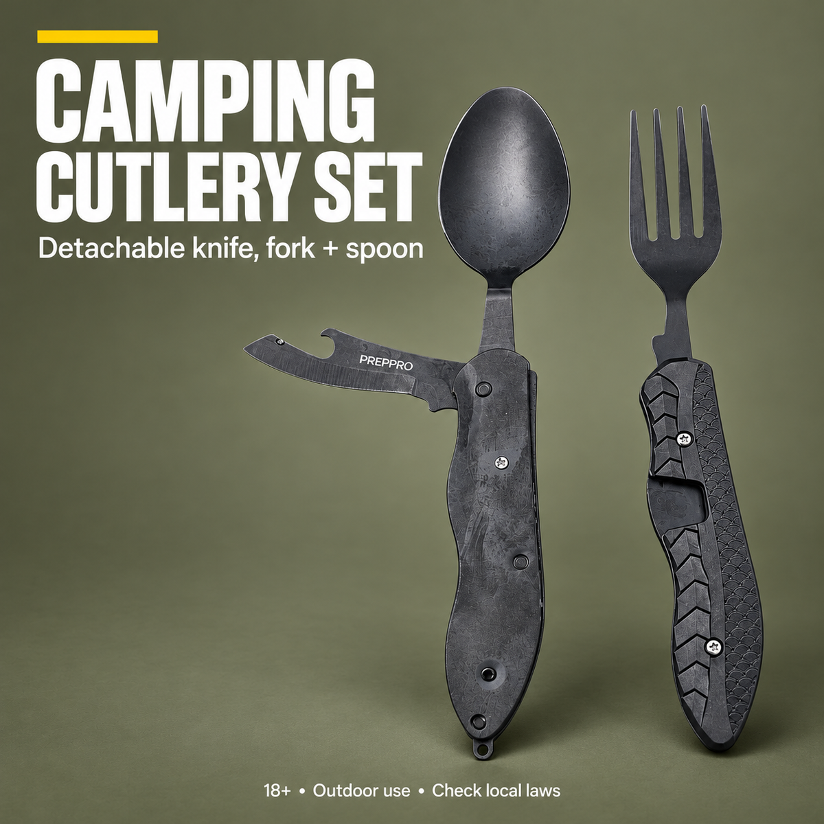 CAMPING CUTLERY SET — Detachable knife, fork + spoon
