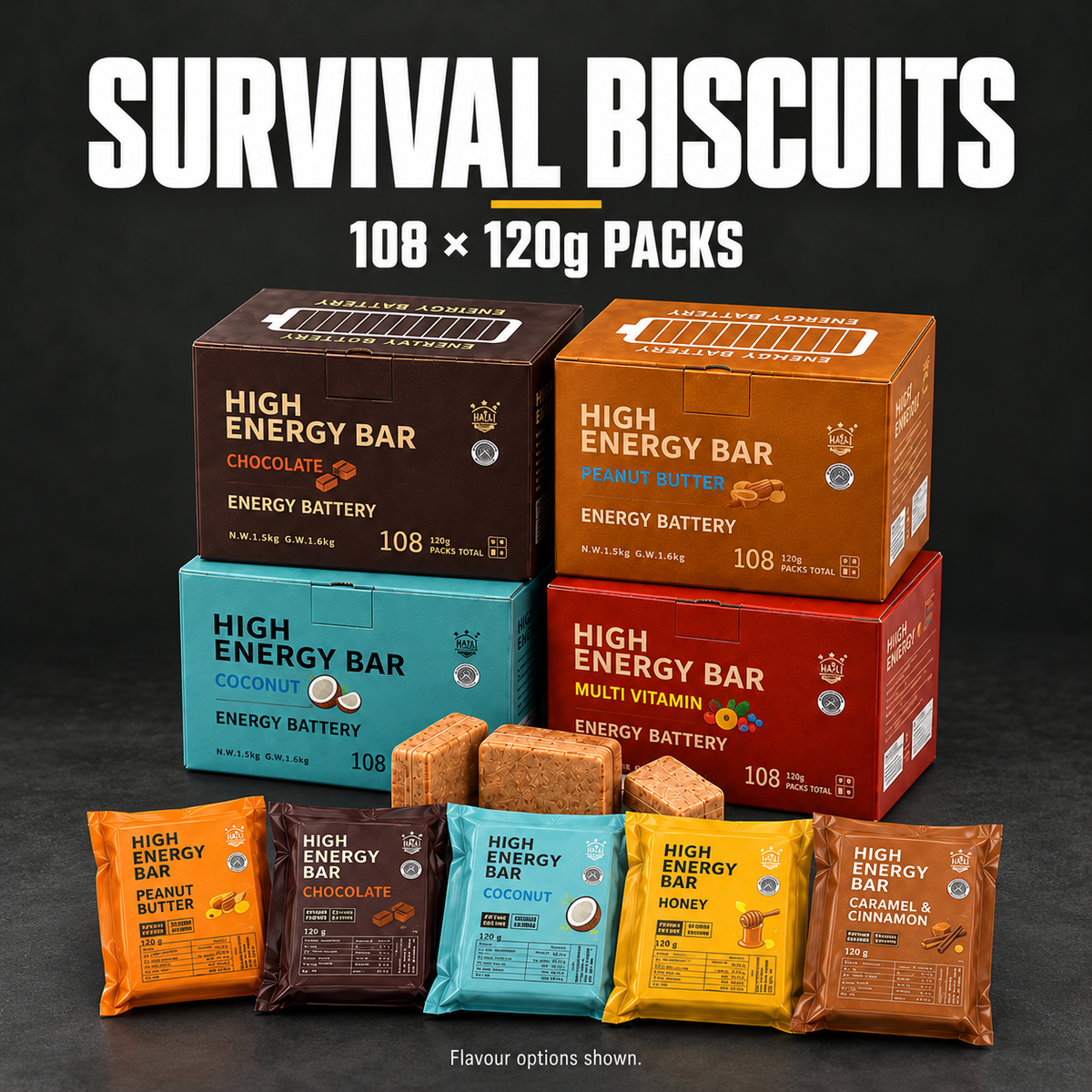 30-Day Emergency Food Supply – 108 × 120g Ration Biscuit Packs (Bulk Carton)