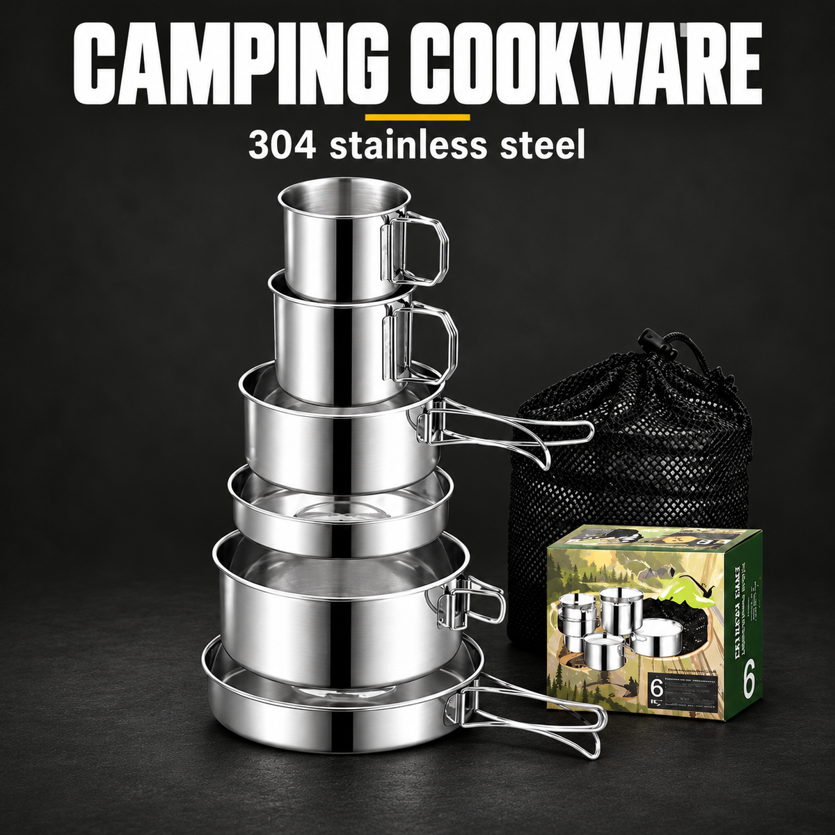 Stainless Steel Camping Cookware Set – Portable 304 Outdoor Cooking Kit with Pots, Pans & Cups