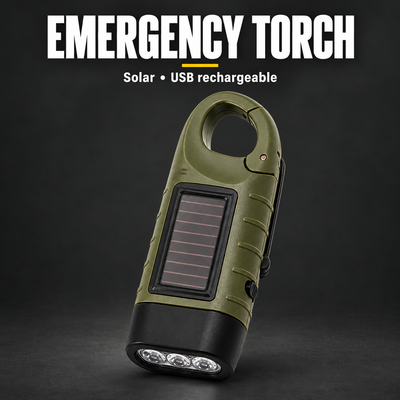 Solar Rechargeable Emergency Torch – Compact Clip-On Camping & Blackout Light