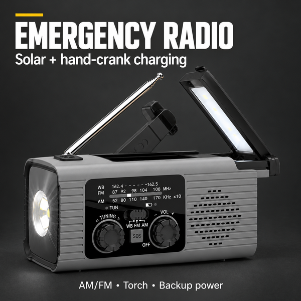 Emergency Weather Radio with Solar, Hand Crank & Power Bank Function