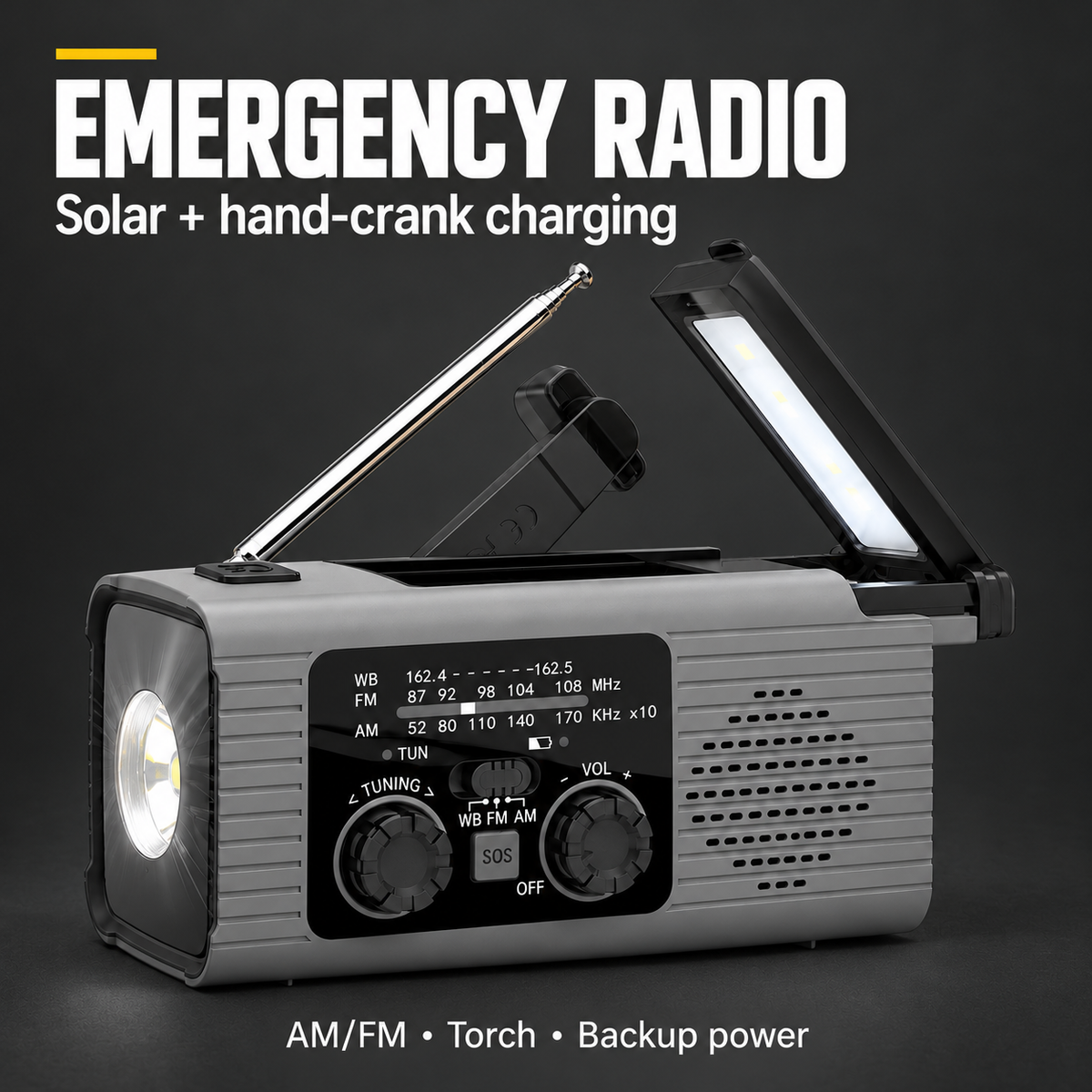 Emergency Weather Radio with Solar, Hand Crank & Power Bank Function — product overview