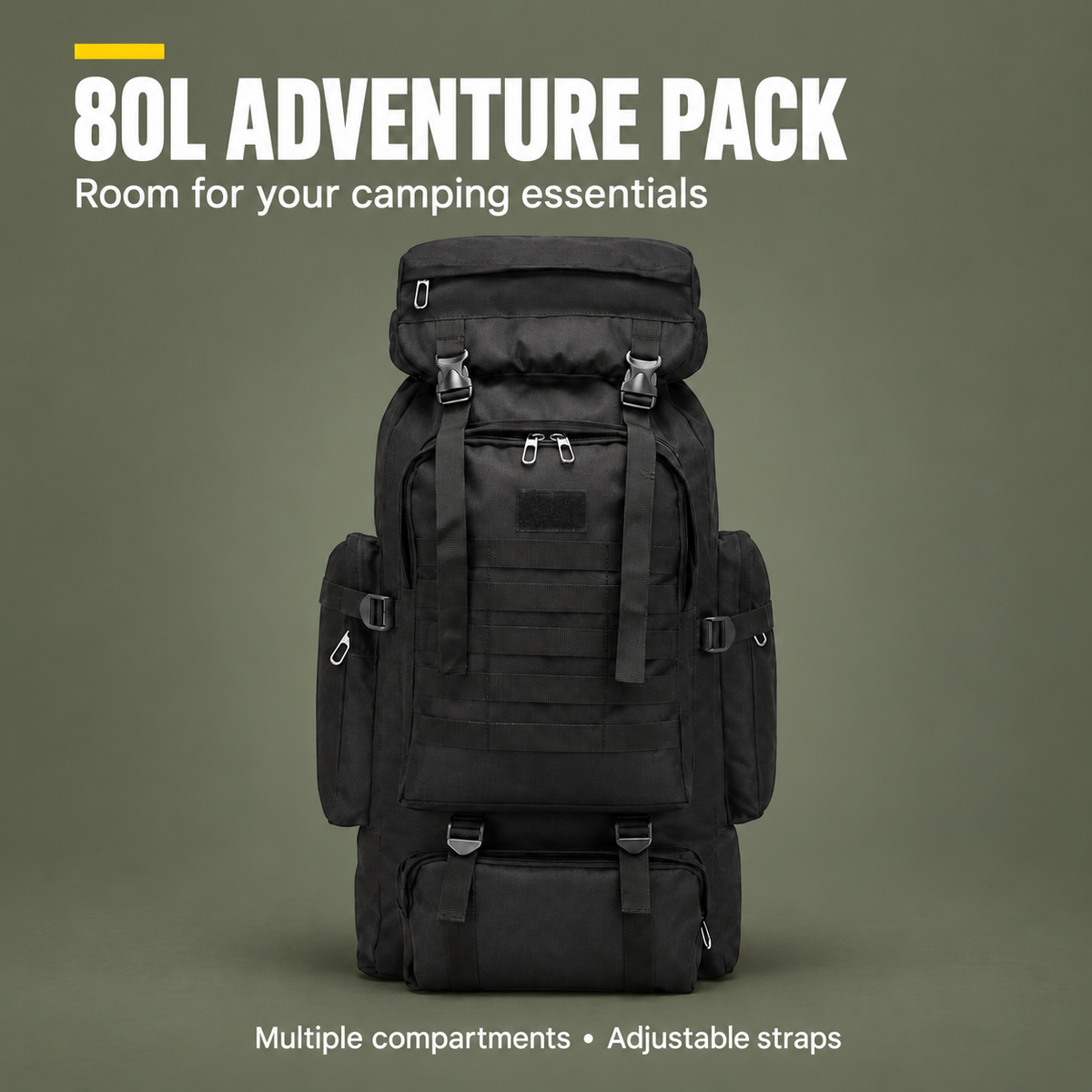 80L Military Tactical Backpack - Waterproof Outdoor Adventure Pack (Black) — product overview