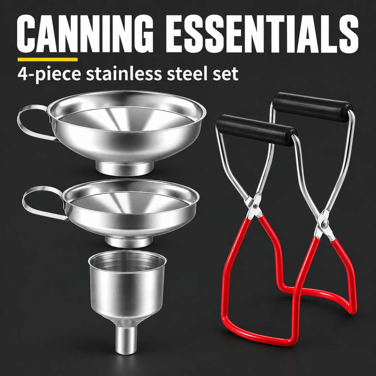 4-Piece Stainless Steel Canning Essentials Set - Funnels & Jar Rack — charcoal product hero