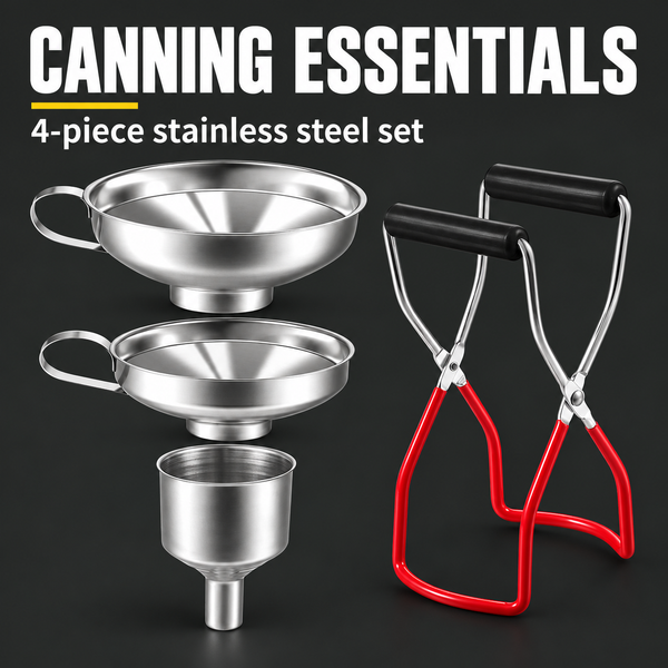 4-Piece Stainless Steel Canning Essentials Set - Funnels & Jar Rack