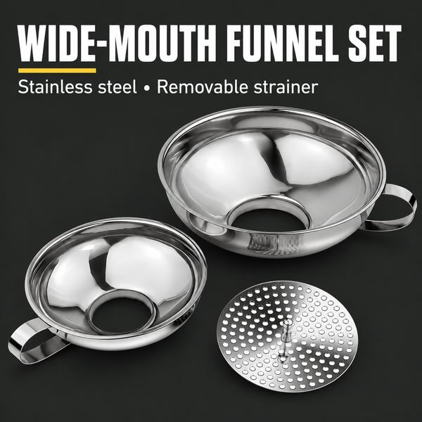 3-Piece Stainless Steel Wide Mouth Funnel Set with Strainer