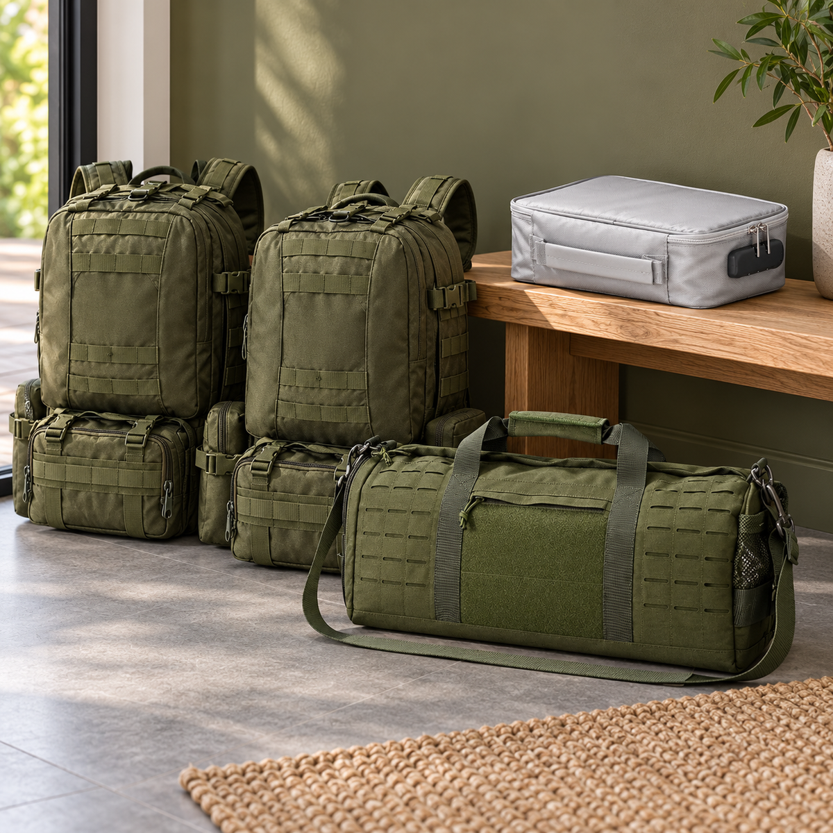 Family kit duffel, two backpacks and document bag organised at home