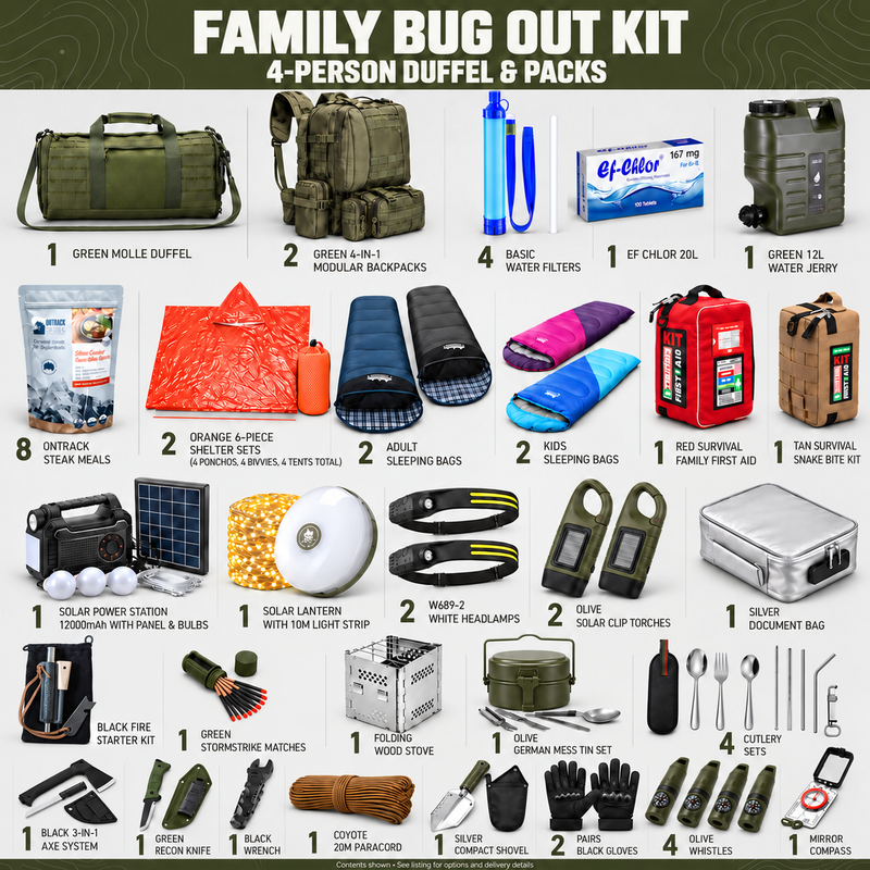 Itemised four-person family bug out kit contents and quantities