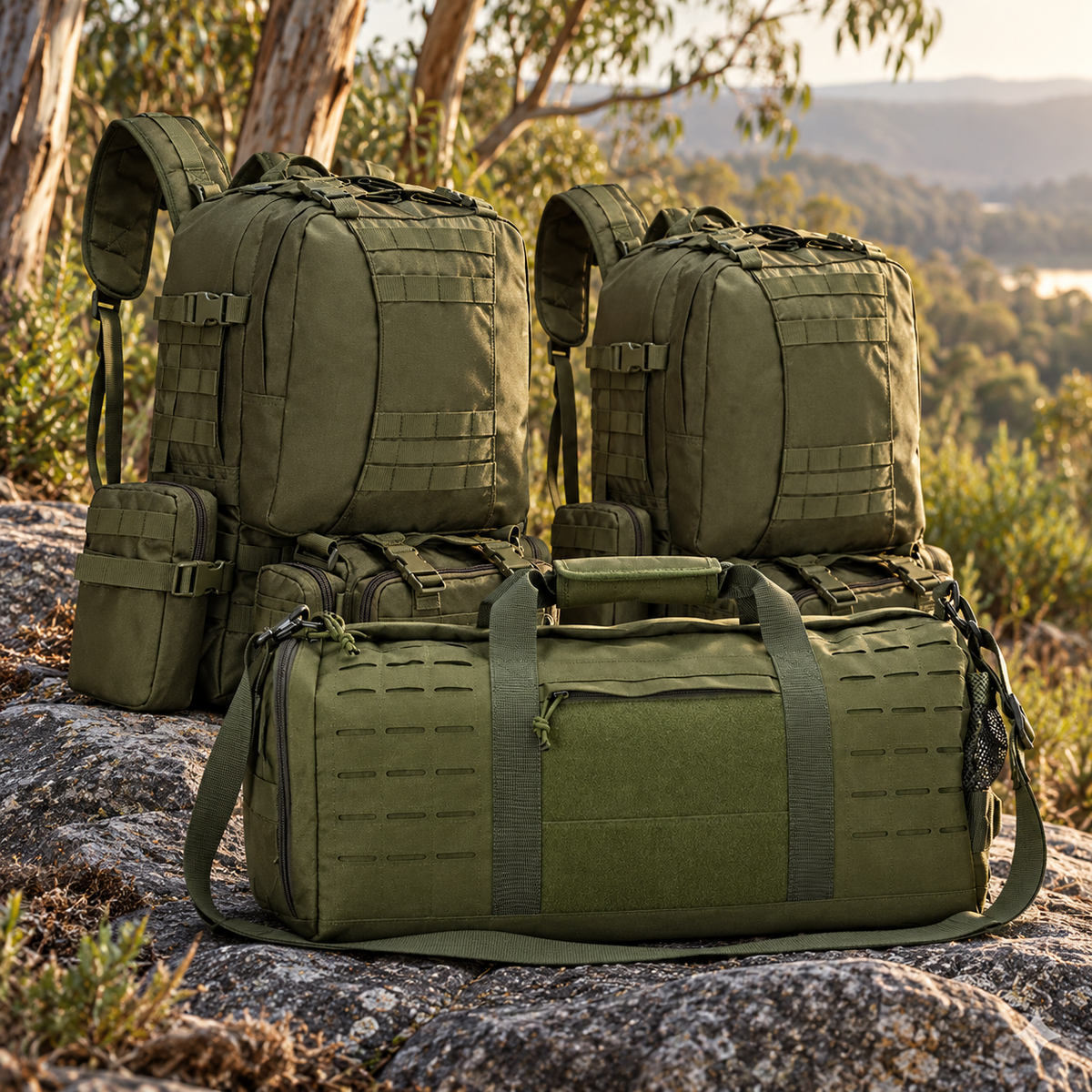Green family duffel and two modular backpacks at a bush trailhead