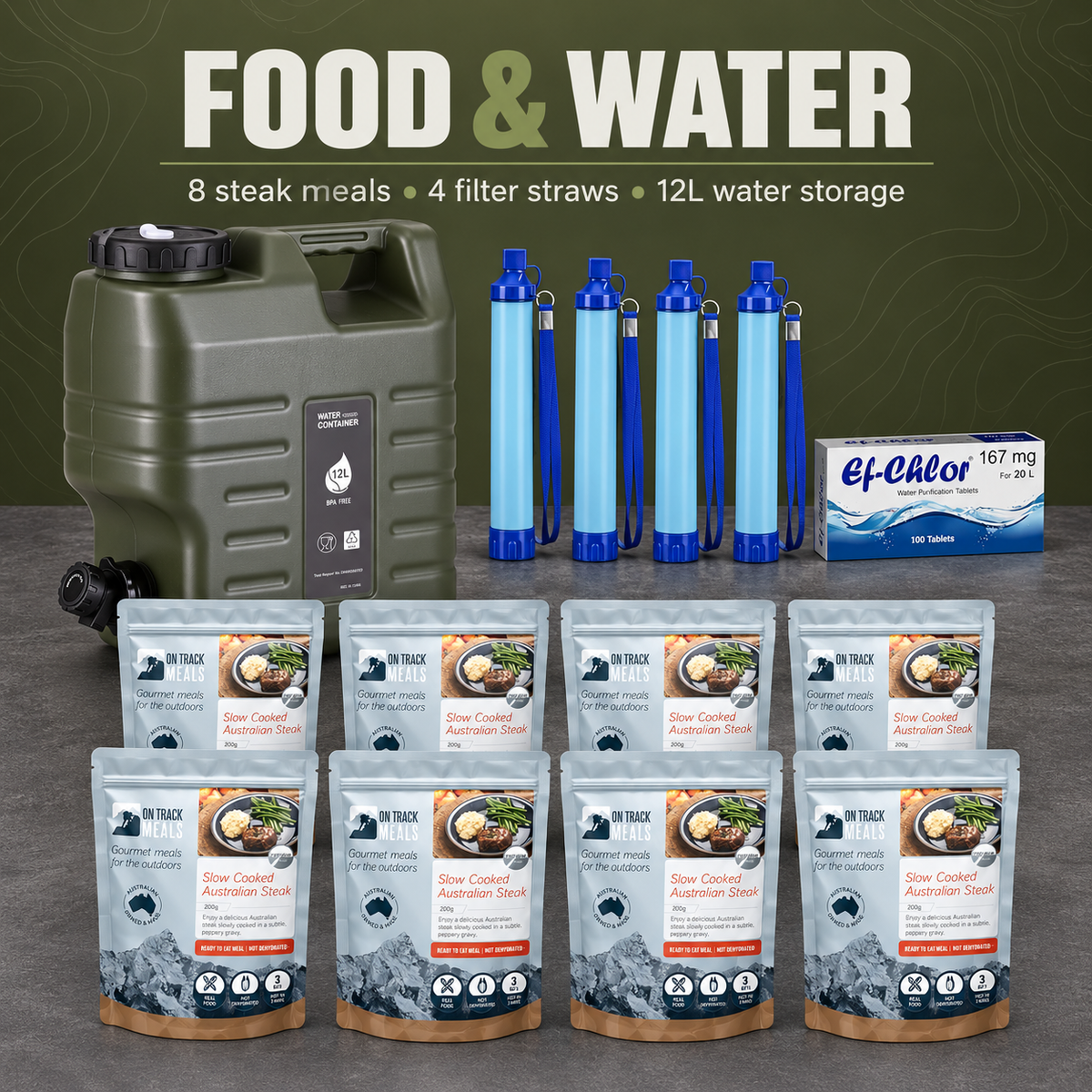 Eight steak meals, four water filters, purification tablets and 12L water jerry