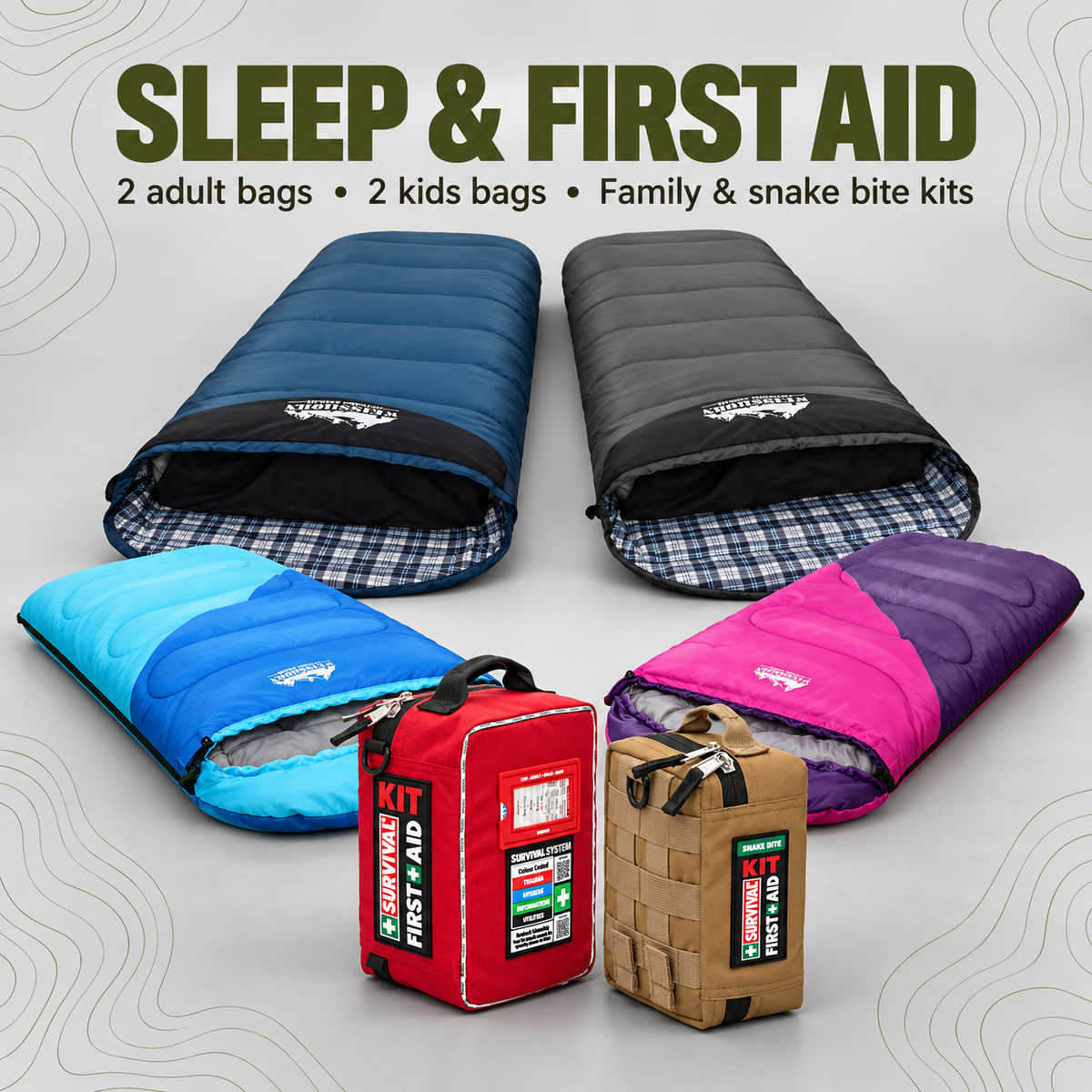 Two adult and two kids sleeping bags with family and snake bite first aid kits