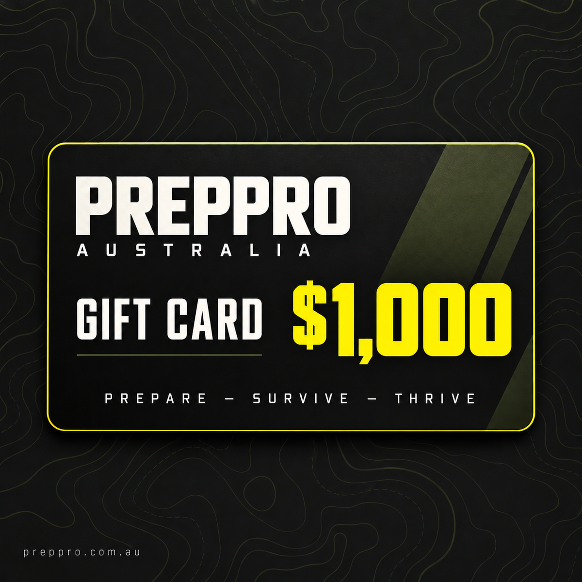 PrepPro Australia $1000 gift card — black, olive and yellow topographic design