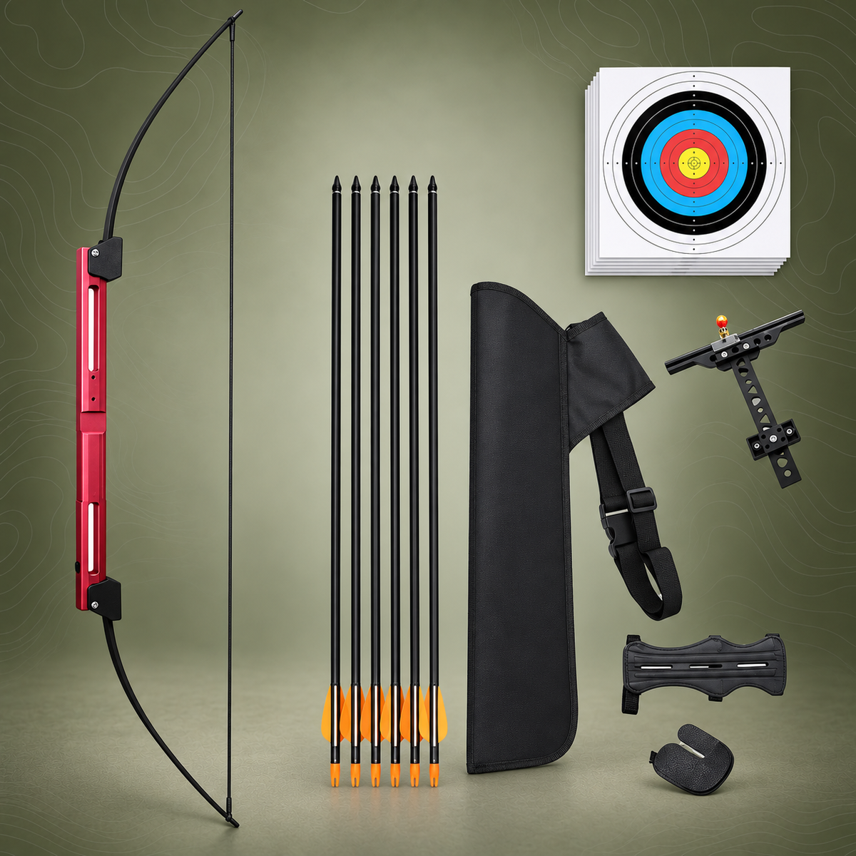 Red folding bow kit with six arrows and archery accessories on an olive background.