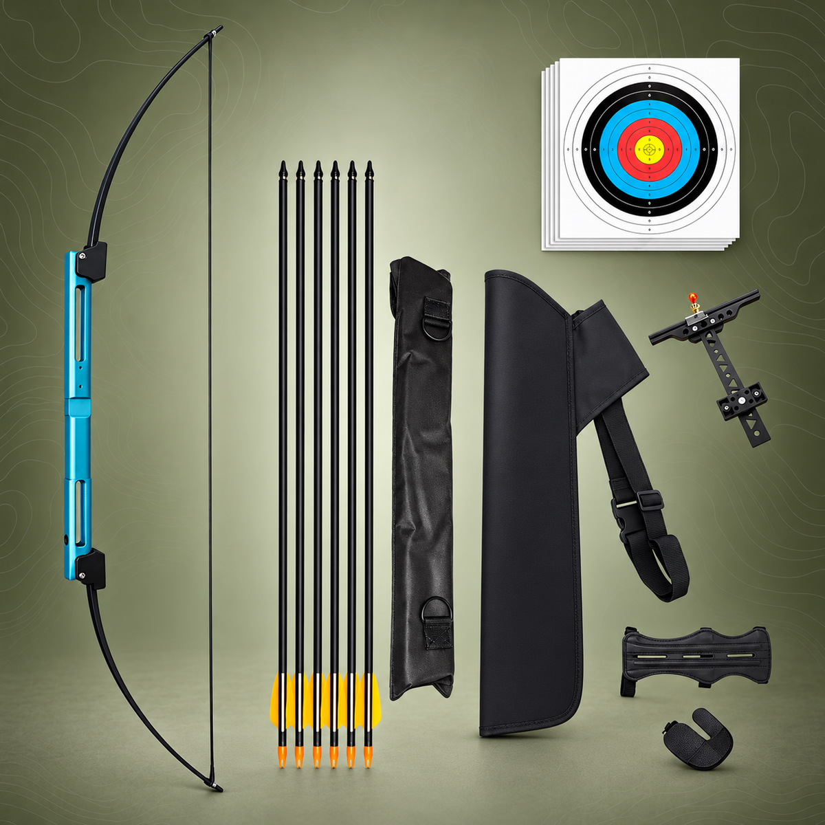 Blue folding bow kit with six arrows and archery accessories on an olive background.