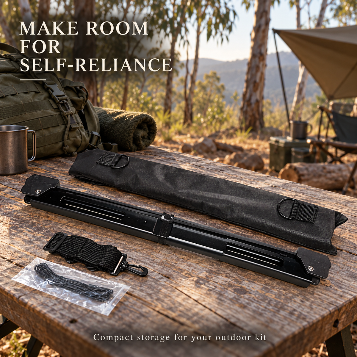 Folded bow and carry sleeve beside an outdoor backpack at camp.