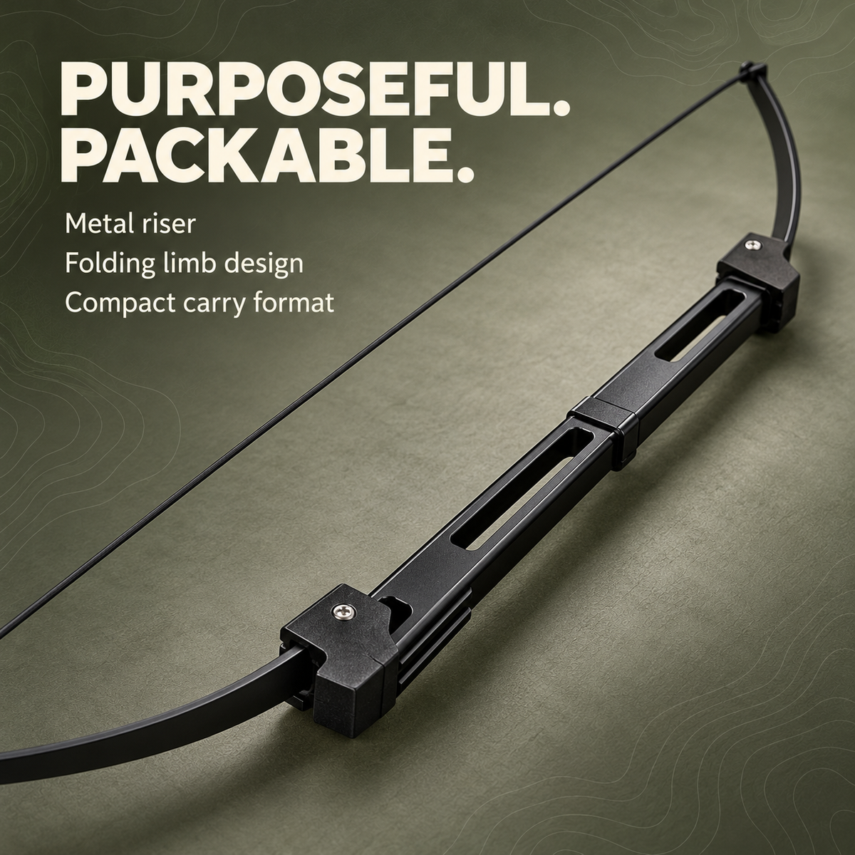 Close-up of the folding bow's slotted metal riser and limb mounts.